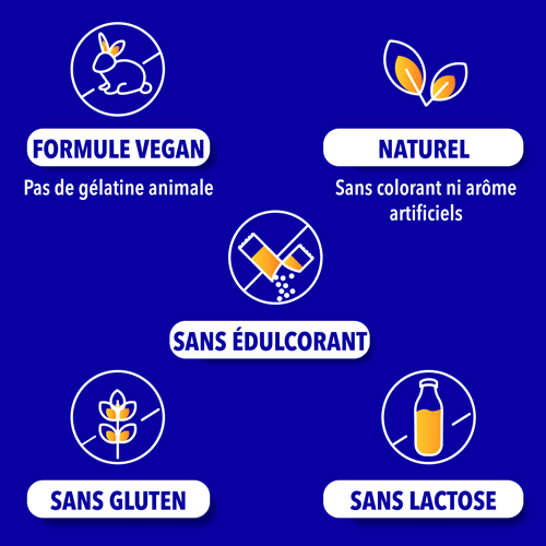 Formule vegan, naturel, sans édulcorant, sans gluten, sans lactose