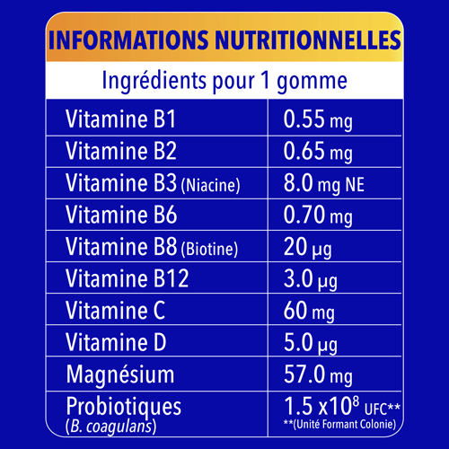 Ingredientes para 1 gummy Vitamina B1 0,55 mg Vitamina B2 0,65 mg Vitamina B3 (Niacina) 8,0 mg NE Vitamina B6 0,70 mg Vitamina B7 (Biotina) 20 µg Vitamina B12 3,0 µg Vitamina C 60 mg Vitamina D 5,0 µg Magnesio 57,0 mg Probióticos (B. coagulans) 1,5x10⁸ UFC