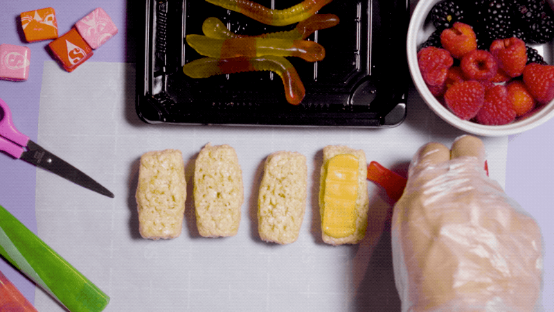 Step 1: Place Swedish Fish on top of your Rice Krispie treats.