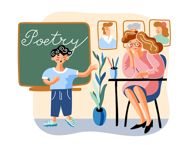 Schoolboy tells poem flat vector illustration - stock vector
