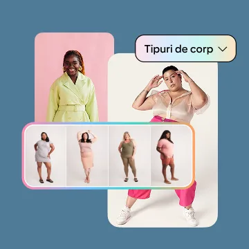 Colaj cu o varietate de persoane diferite și tipuri de corp, alături de un element de meniu derulant cu o săgeată.