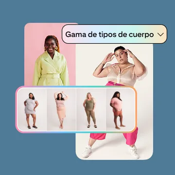 Un collage de varias personas con diferentes tipos de cuerpo y un menú desplegable con una flecha.