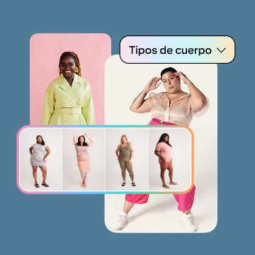 Un collage de diversas personas y tipos de cuerpo con un elemento de menú desplegable con una flecha.