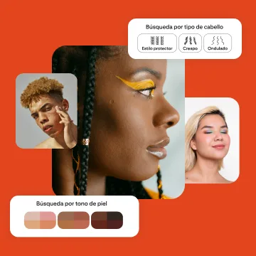 Collage de tres personas con distintos tonos de piel y tipos de cabello, y dos módulos en los que se muestran opciones para buscar por tono de piel o por tipo de cabello.