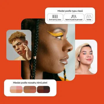 Koláž tří osob s různými tóny pleti a typy vlasů, plus dvou modulů zobrazujících možnosti vyhledávání podle tónu pleti nebo podle stylu vlasů.