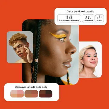 Collage di tre persone con diverse tonalità di pelle e tipi di capelli, più due moduli che mostrano le opzioni di ricerca per tonalità di pelle o per tipo di capello.
