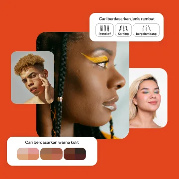 Kolase tiga orang dengan warna kulit dan jenis rambut berbeda, serta dua modul yang menunjukkan opsi untuk melakukan pencarian berdasarkan warna kulit atau jenis rambut.