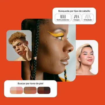Collage de tres personas con diferentes tonos de piel y tipos de cabello, además de dos módulos que muestran opciones para buscar por tono de piel o por tipo de cabello.