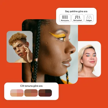 Farklı ten tonlarına ve saç tiplerine sahip üç kişinin kolajı, ayrıca ten tonuna veya saç tipine göre arama seçeneklerini gösteren iki modül.