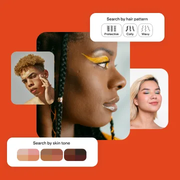Collage of three people with different skin tones and hair types, plus two modules showing options to search by skin tone or by hair pattern.