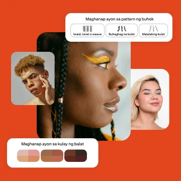 Collage ng tatlong tao na may iba't ibang kulay ng balat at uri ng buhok, kasama ang dalawang module na nagpapakita ng mga opsyon para maghanap ayon sa kulay ng balat o ayon sa pattern ng buhok.