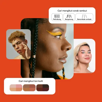 Kolaj tiga orang dengan tona kulit dan jenis rambut yang berbeza, serta dua modul yang menunjukkan pilihan untuk mencari mengikut tona kulit atau corak rambut.