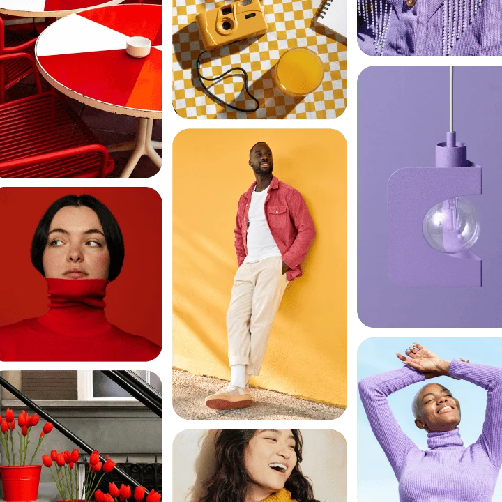 Renklerine göre gruplandırılmış iğne ızgarası: kırmızı masa ve lale desenli kıyafet, sarı kamera ve kıyafet, mor aydınlatma armatürü ve kazak.