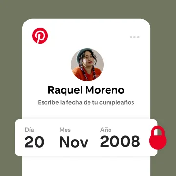Pantalla donde se muestra a una usuaria de Pinterest escribiendo su mes de nacimiento, con un emoji de candado a un lado.
