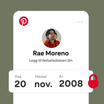 Skjermen viser en Pinterest-bruker "Rae" som skriver inn bursdagsmåneden sin, med en låse-emoji ved siden av.