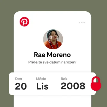 Obrazovka ukazující uživatelku platformy Pinterest „Rae“, která zadává svůj měsíc narození, s emoji zámku vedle ní.