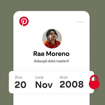 Ecran care arată un utilizator Pinterest, „Rae”, introducând luna de naștere, cu un emoji lacăt alături.