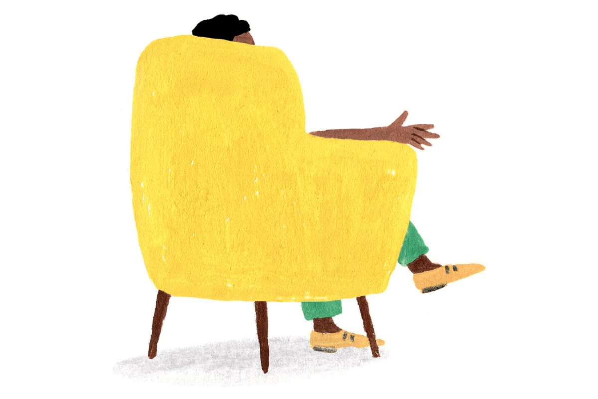 A Monarch by SimplePractice illustration of the back of a yellow chair with a man wearing green pants and yellow shoes sitting in the chair.