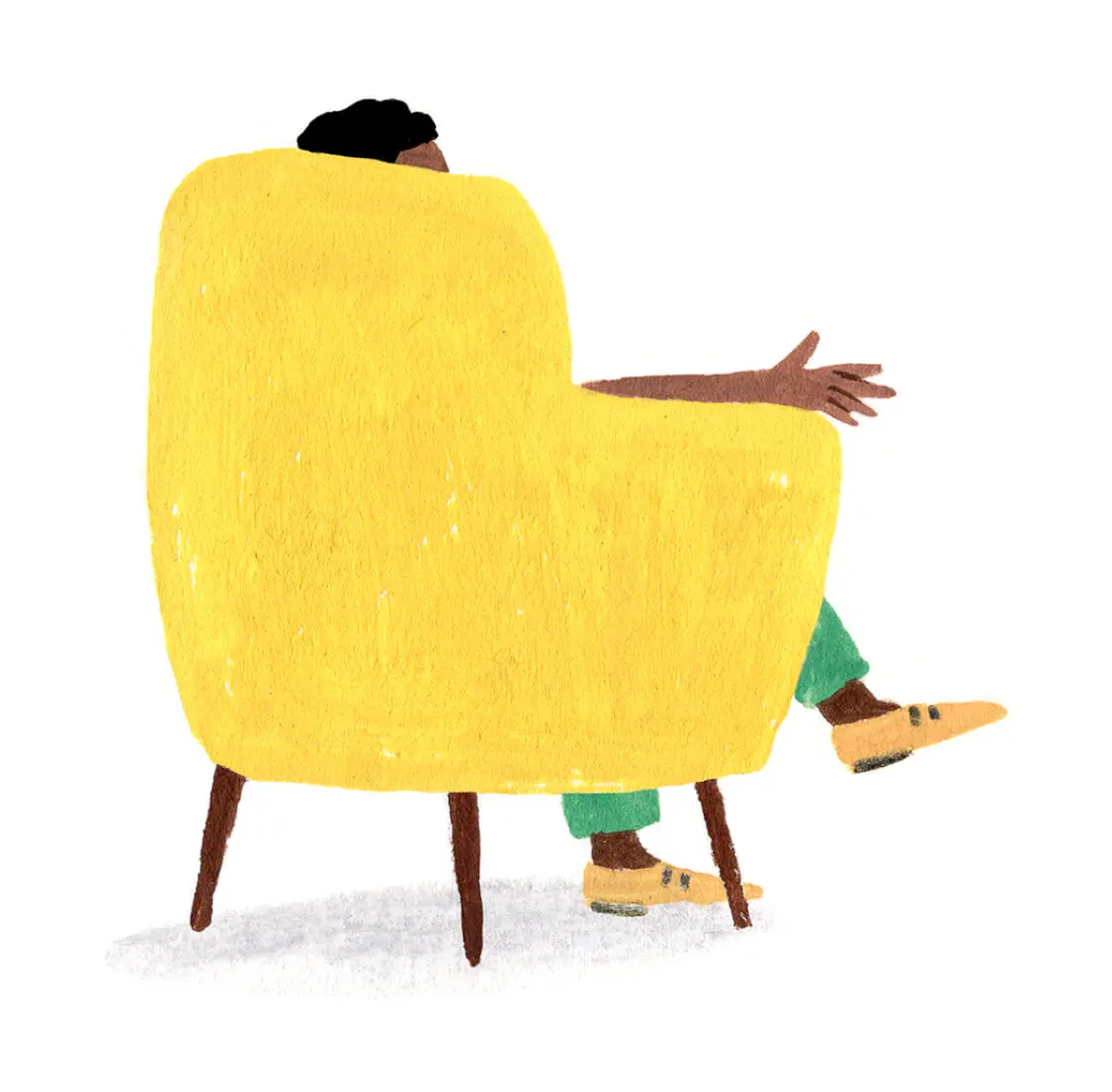 A Monarch by SimplePractice illustration of the back of a yellow chair with a man wearing green pants and yellow shoes sitting in the chair.