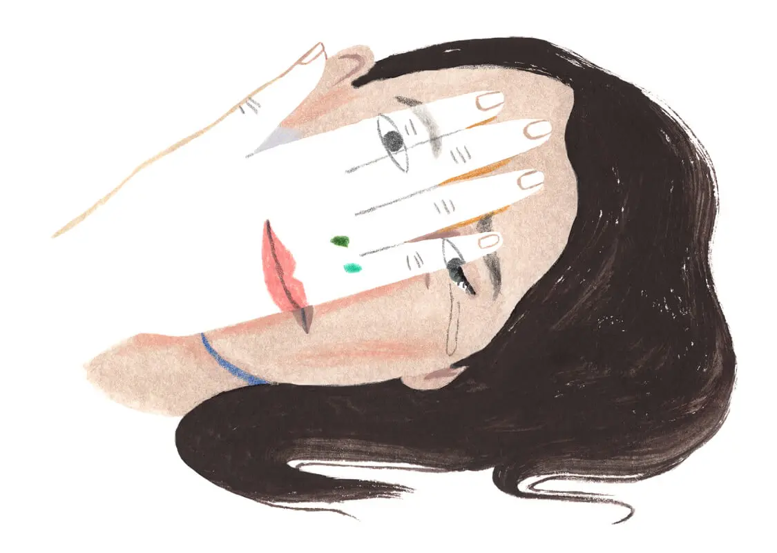 A Monarch by SimplePractice illustration of a woman with brown hair holding her hand over her face.