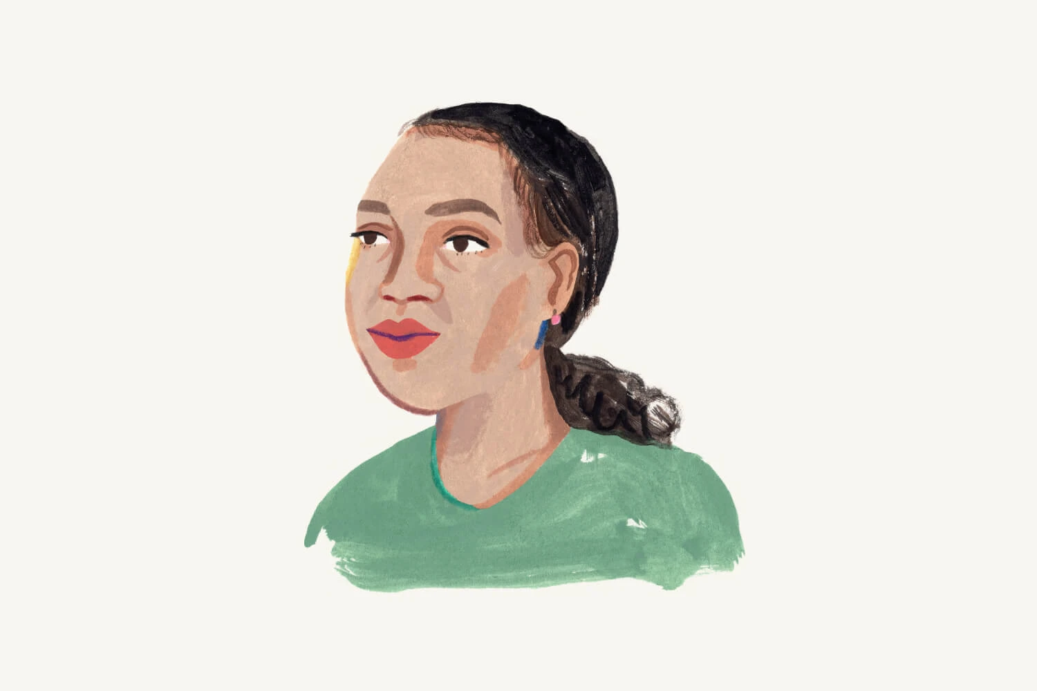 A Monarch by SimplePractice illustration of a Black woman with a low ponytail in a green shirt. 