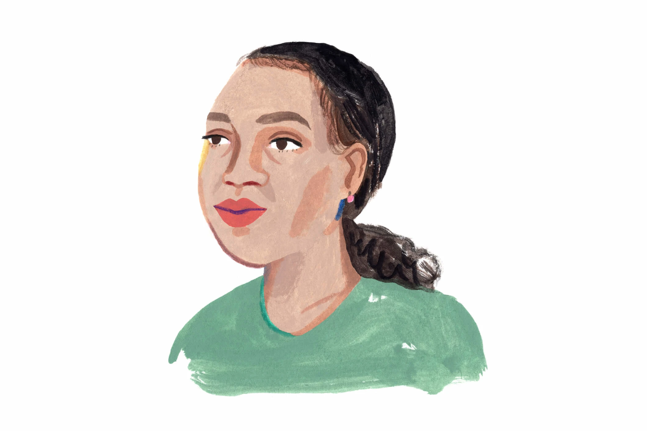 A Monarch by SimplePractice illustration of a Black woman with a low ponytail in a green shirt.