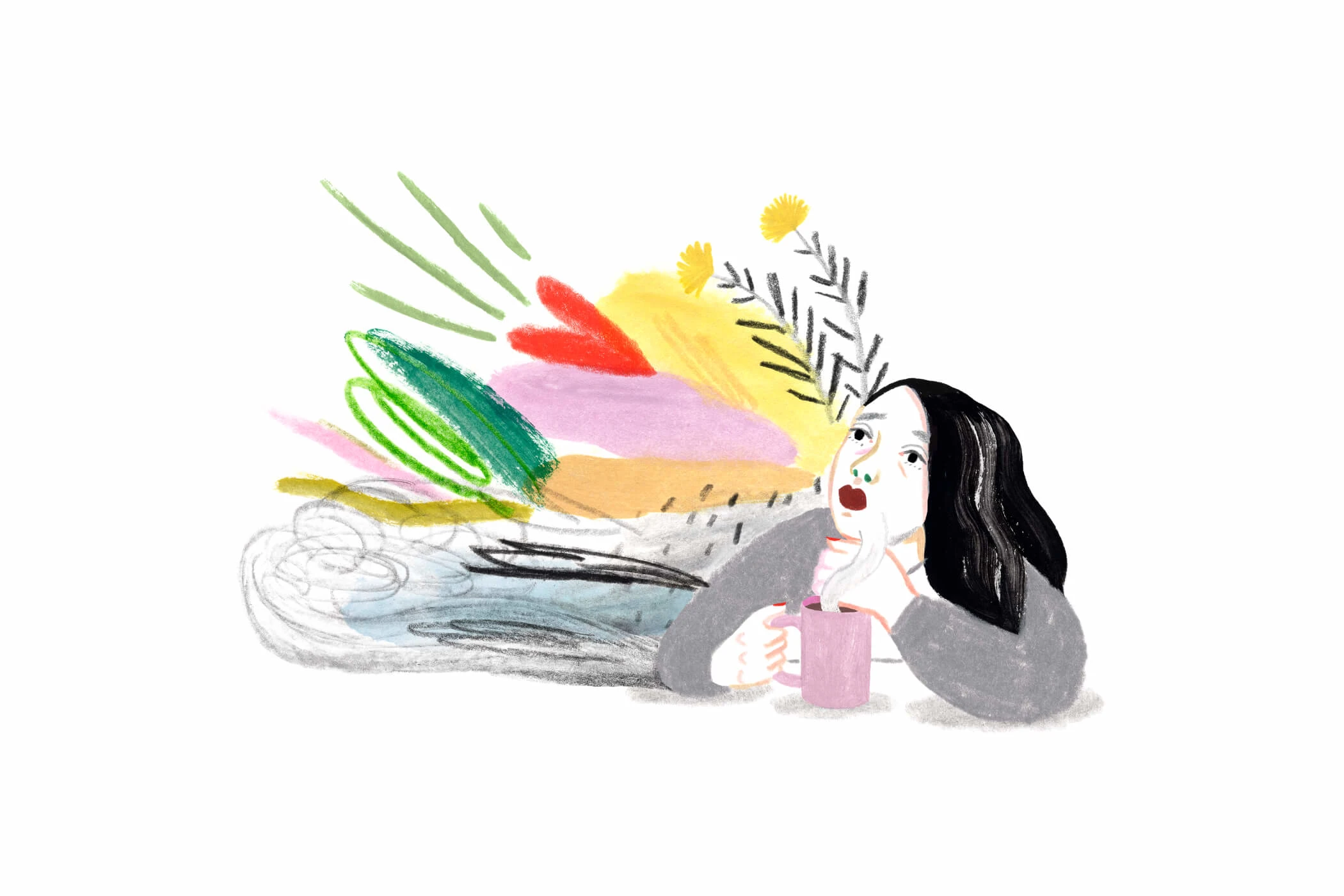A Monarch by SimplePractice illustration of a woman with black hair in a gray top holding a pink mug looking up at colorful lines and doodles.