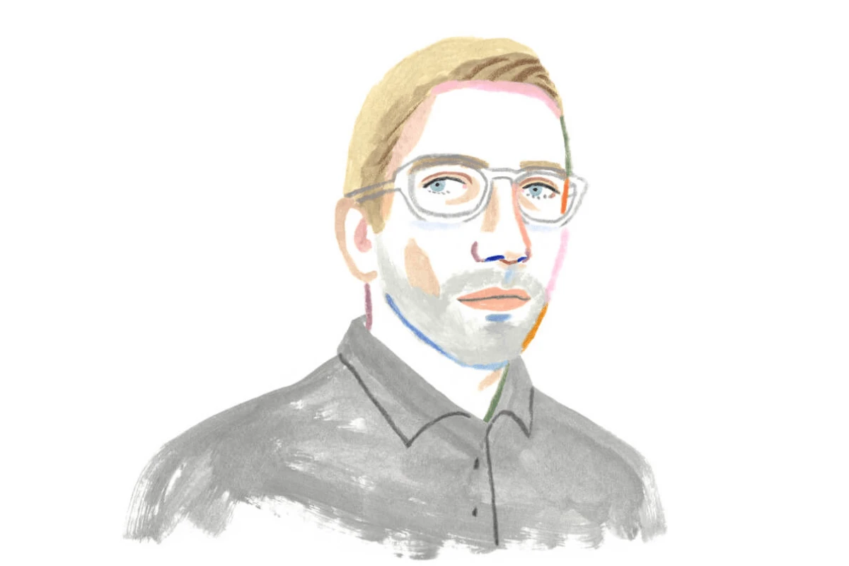 A Monarch by SimplePractice illustration of a blonde-haired man from the chest up with white glasses and stubble wearing a gray shirt. 