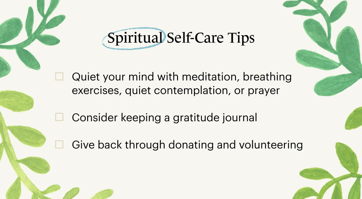 Original infographic checklist of spiritual self care tips to improve your mental health