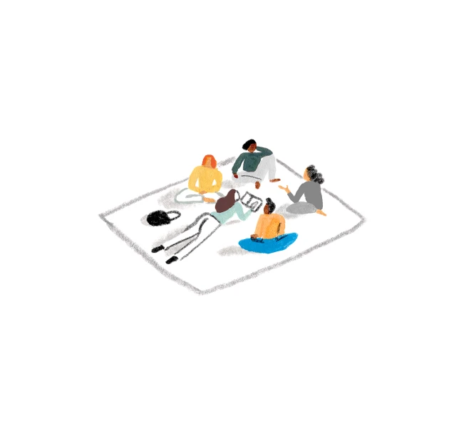 A Monarch by SimplePractice illustration of five people sitting on a picnic blanket.