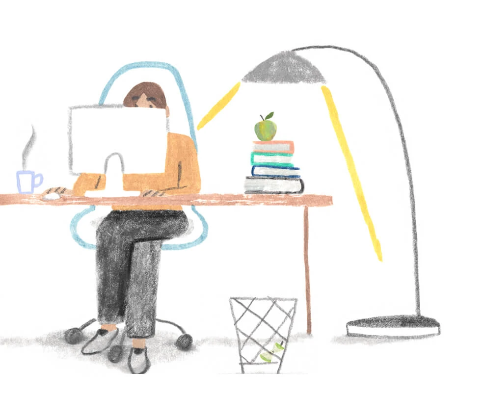 A Monarch by SimplePractice illustration of a person wearing an orange shirt, black pants, and gray shoes sitting in front of a computer at a desk with books, coffee, and an apple on it and a lamp next to it.