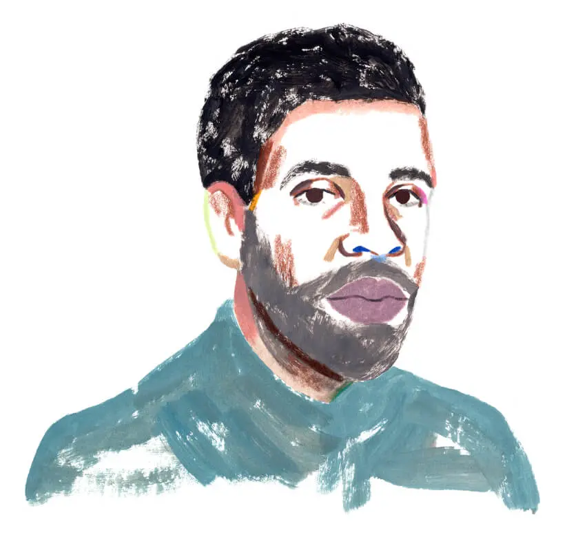 A Monarch by SimplePractice illustration of a Black man with a beard from the shoulders up wearing a blue shirt.