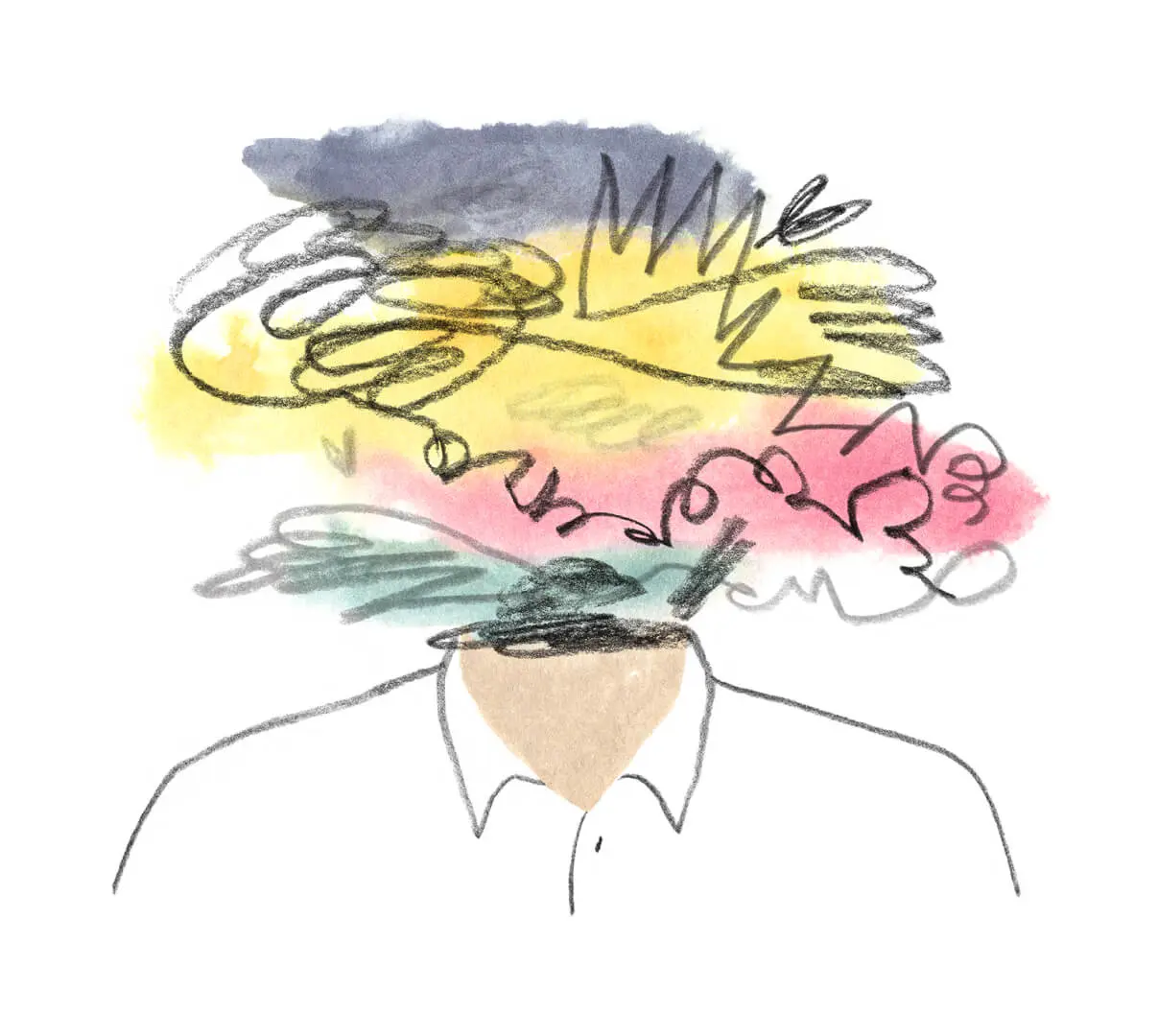A Monarch by SimplePractice illustration of a chest in a white shirt with colors and squiggly lines coming out of the neck.