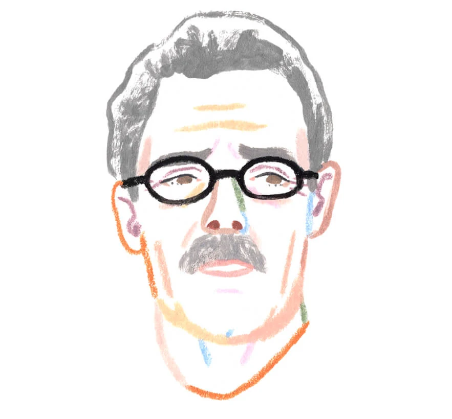 A Monarch by SimplePractice illustration of a floating head of a white man with gray hair and a gray mustache wearing black glasses. 