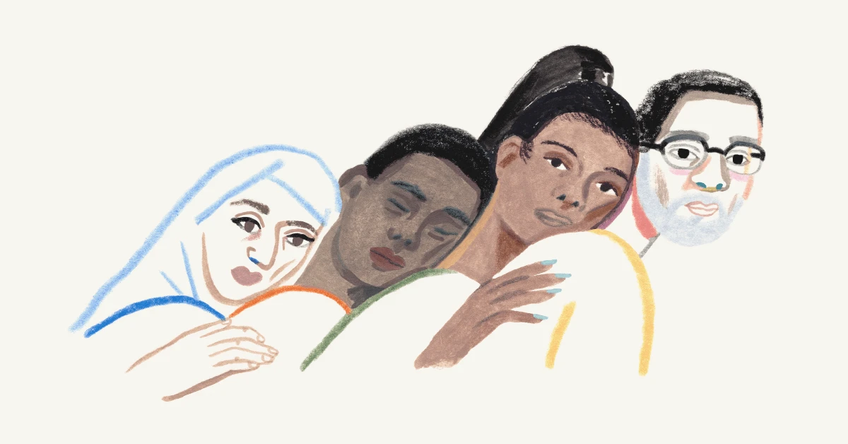 A Monarch original illustration of 4 different people with various cultural backgrounds showing how national culture plays a role in promoting stigma. 
