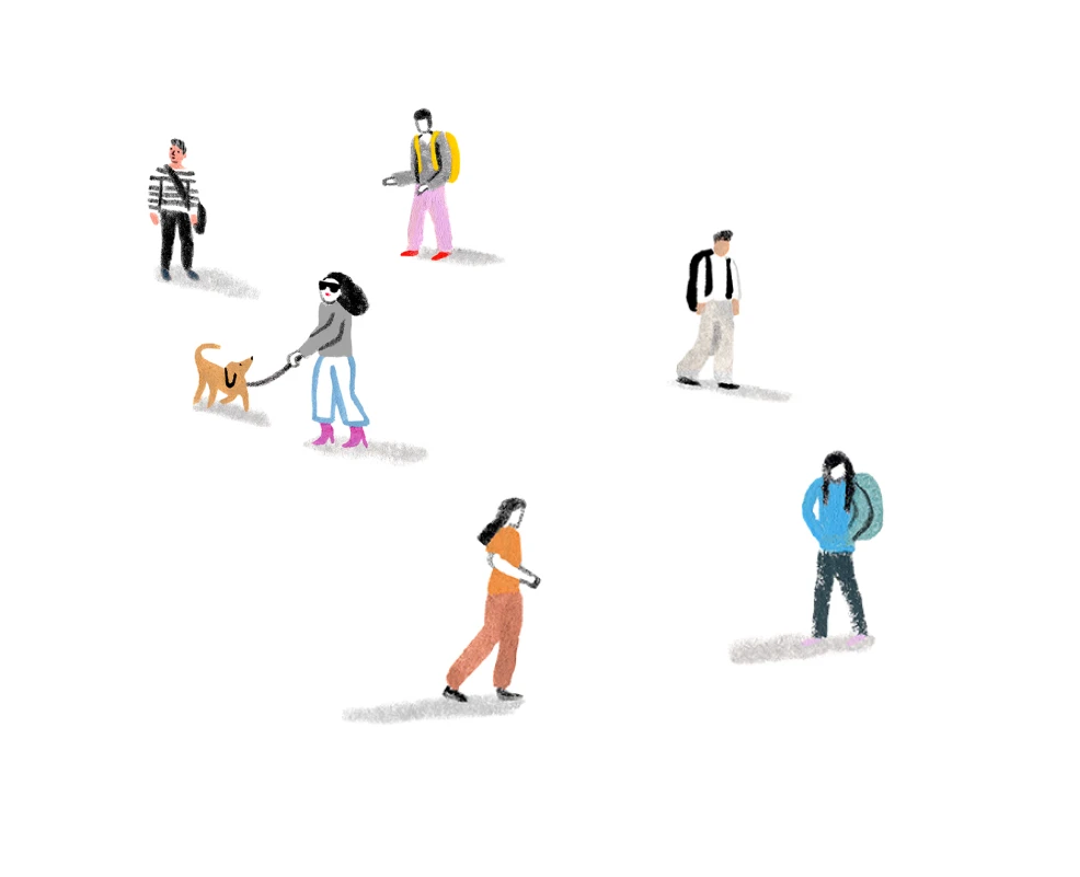 A Monarch by SimplePractice illustration of six different people walking in all different directions.