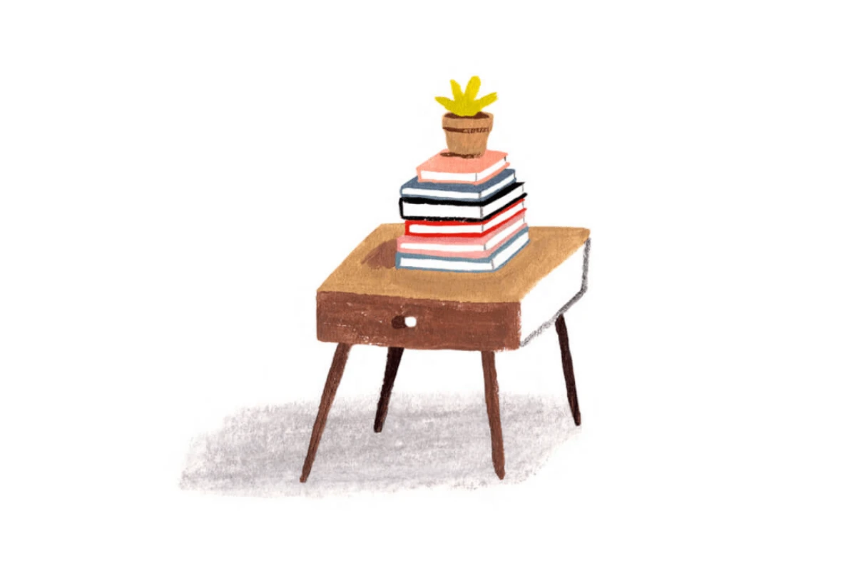 A Monarch by SimplePractice illustration of a plant on top of a stack of book on top of a brown table.