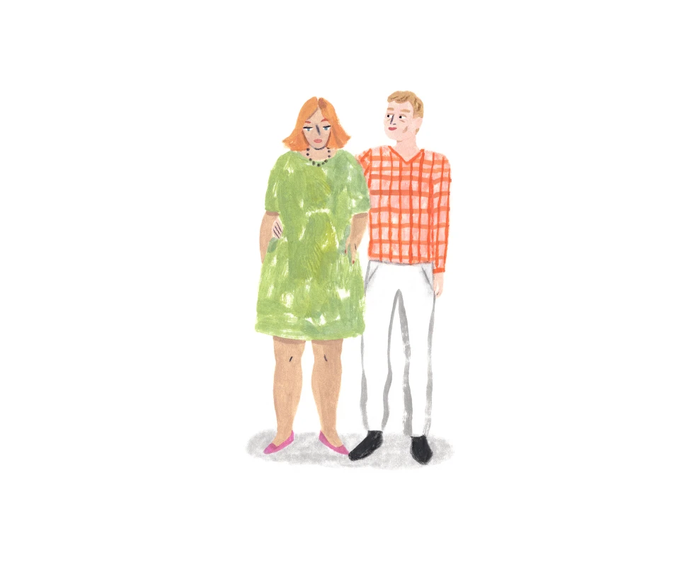 A Monarch by SimplePractice illustration of a man with blonde hair wearing an orange shirt, white pants, and black shoes standing with his arm around a woman with red hair wearing a green dress and pink shoes.