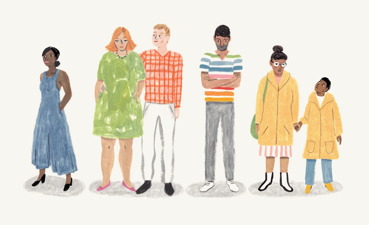 A Monarch by SimplePractice illustration of a diverse lineup of people, including a single Black young woman, a white man and woman couple, a hispanic man in a rainbow striped shirt, and a young Black mother and her son, wearing yellow coats.