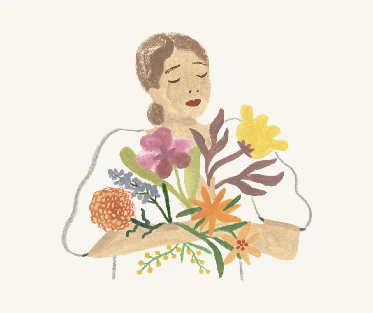 A Monarch original illustration of a woman holding flowers and de-stressing after a therapy session.