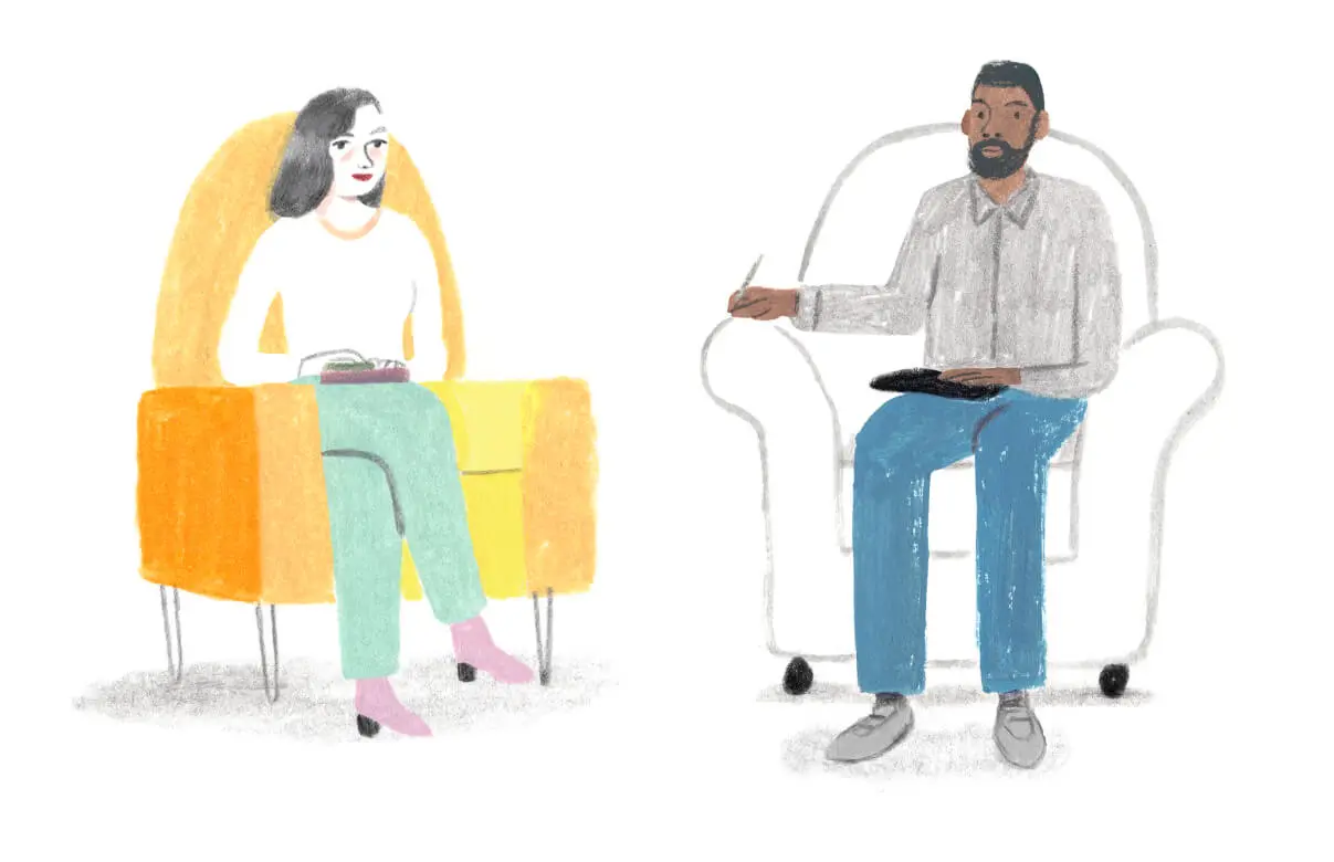 A Monarch by SimplePractice illustration of a Black male therapist wearing a gray shirt, blue pants, and gray sneakers sitting in a white chair facing a white woman wearing a white shirt, green pants, and pink shoes sitting in a yellow chair.