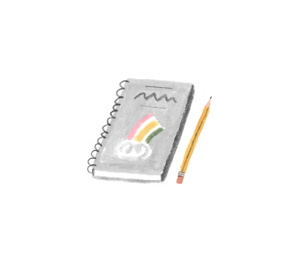 A Monarch by SimplePractice illustration of a gray notebook with a rainbow on the cover and a yellow pencil.