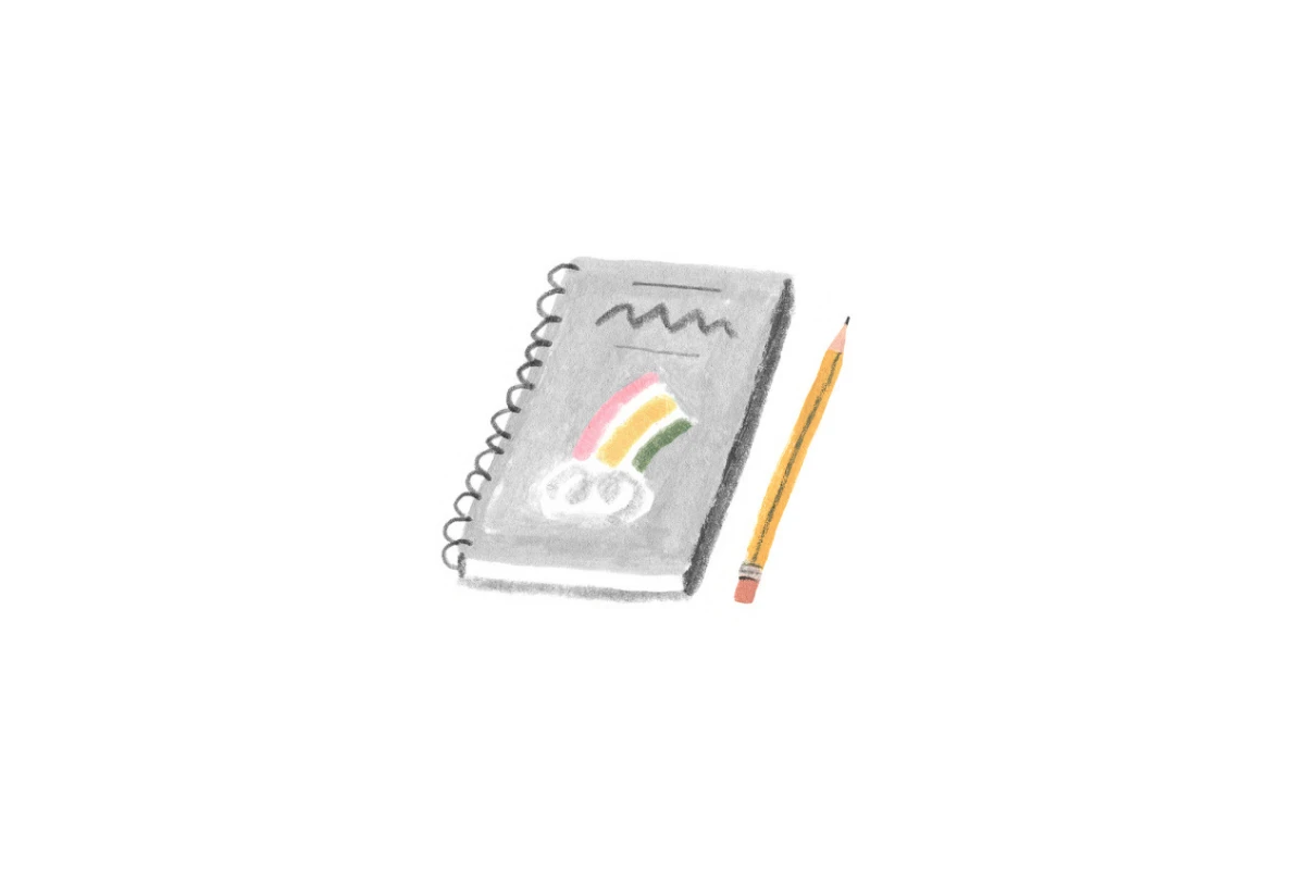 A Monarch by SimplePractice illustration of a gray notebook with a rainbow on the cover and a yellow pencil. 