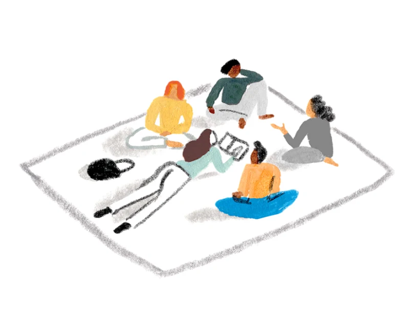 A Monarch by SimplePractice illustration of 5 people sitting on a blanket facing each other.