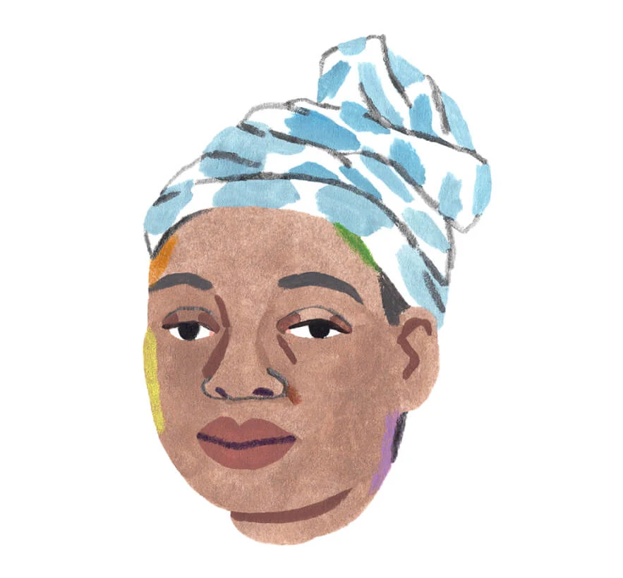 A Monarch by SimplePractice illustration of a floating head of a woman wearing a blue and white head scarf.