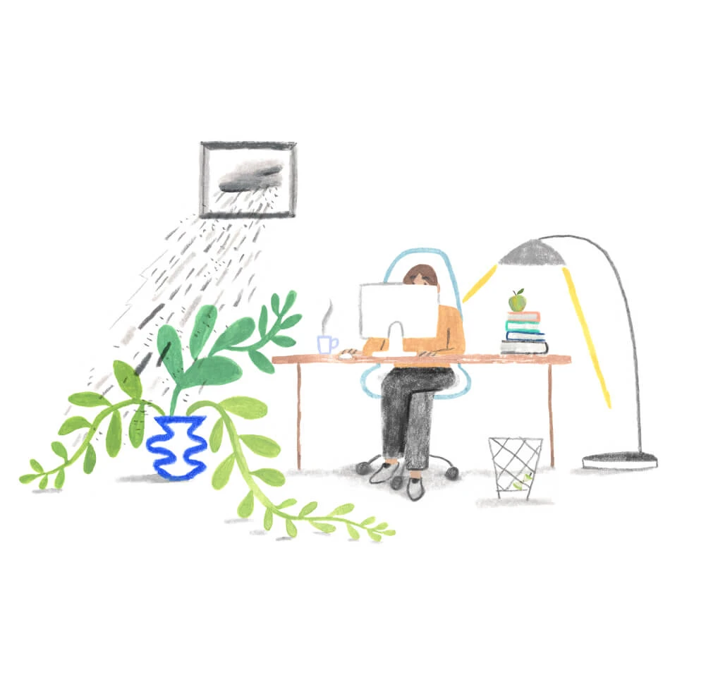 A Monarch by SimplePractice illustration of a person sitting at their desk behind a computer next to a floor lamp, trash can, and open window with rain falling on a floor plant.