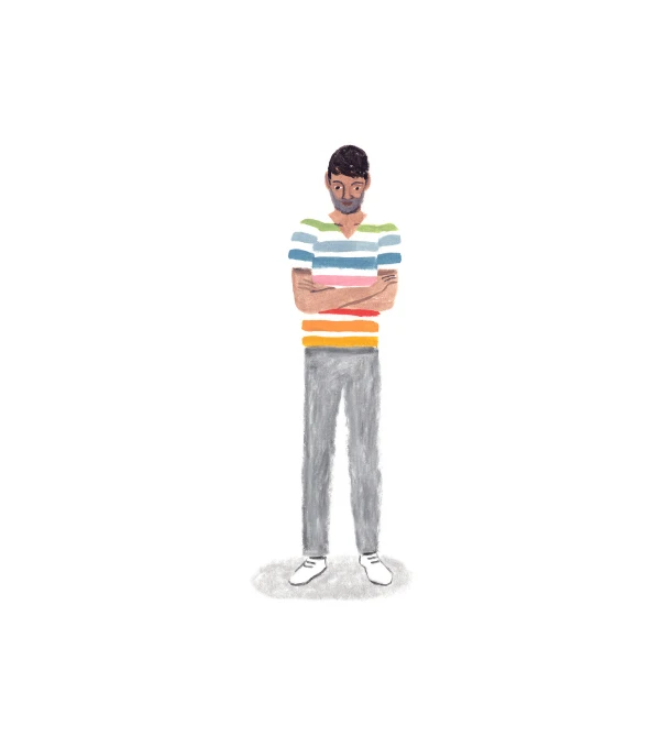 A Monarch by SimplePractice illustration of a bearded man standing with his arms crossed in a rainbow-striped t-shirt, gray pants, and white sneakers. 