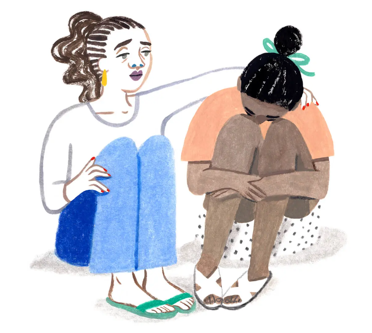 A Monarch by SimplePractice illustration of a woman with a white shirt, blue pants, and green sandals sitting down with her arm around another woman in an orange shirt, polka-dot shorts, and white sandals who is resting her head on her knees and hugging her knees to her chest.