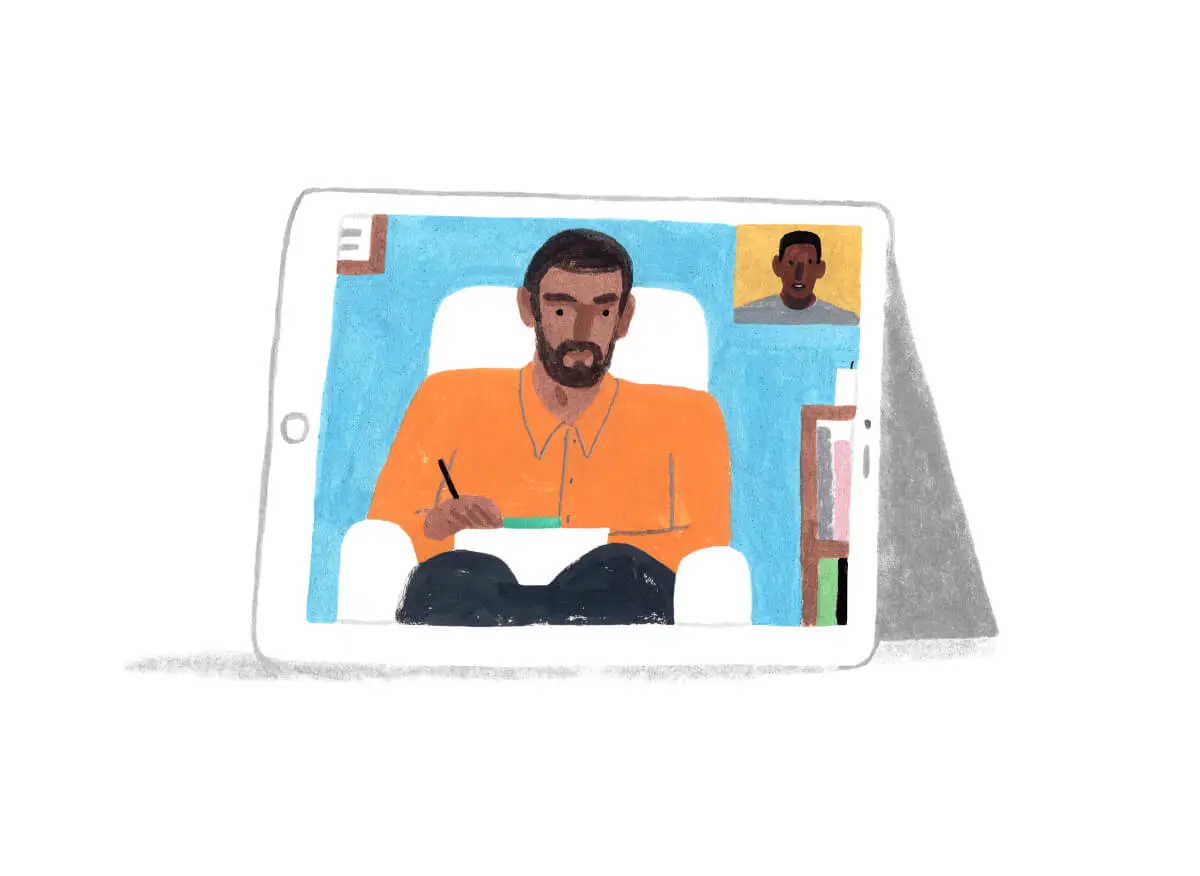A Monarch by SimplePractice illustration of an iPad with the screen showing a virtual therapy session featuring a male therapist in an orange shirt talking to a male client in a gray shirt.
