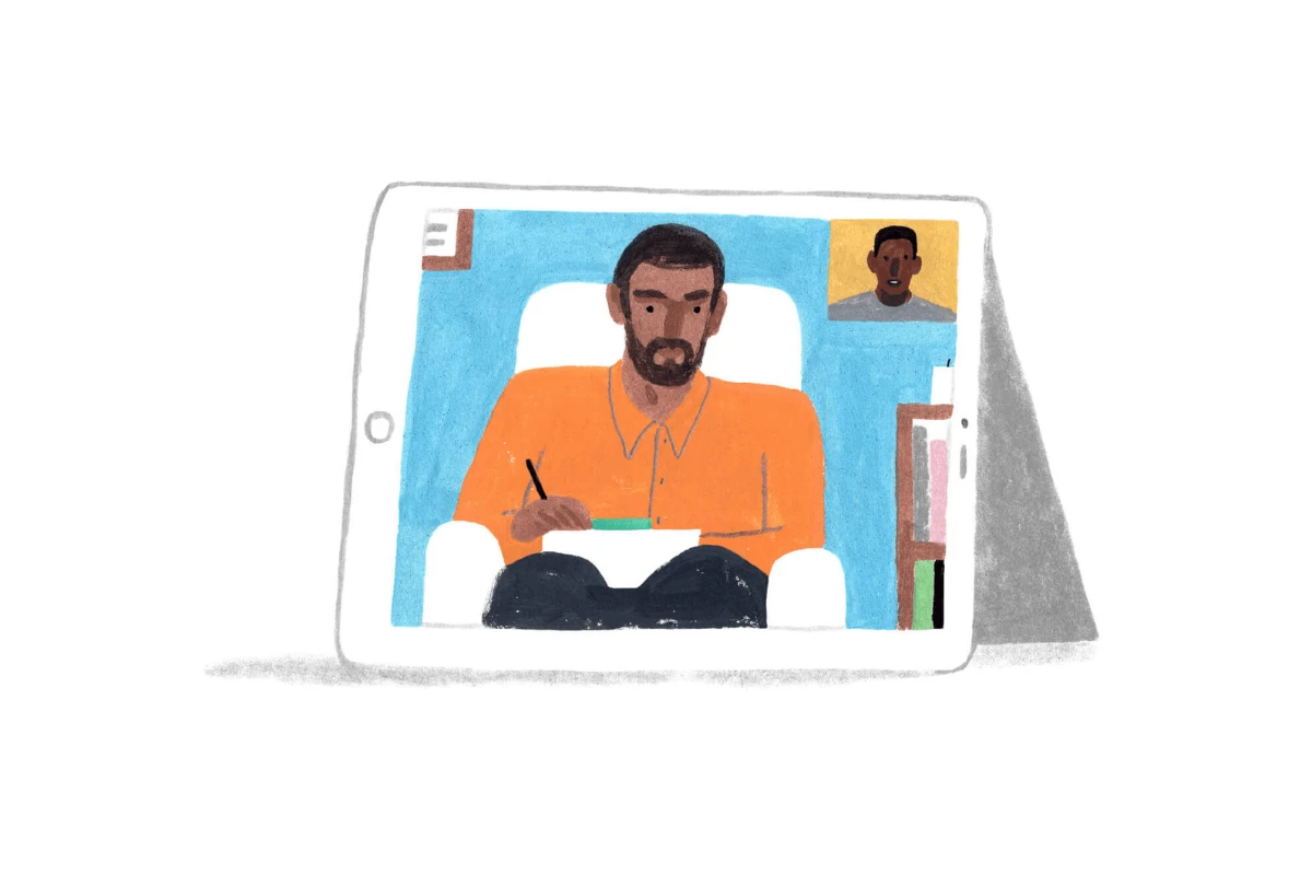 A Monarch by SimplePractice illustration of an iPad with the screen showing a virtual therapy session featuring a male therapist in an orange shirt talking to a male client in a gray shirt. 